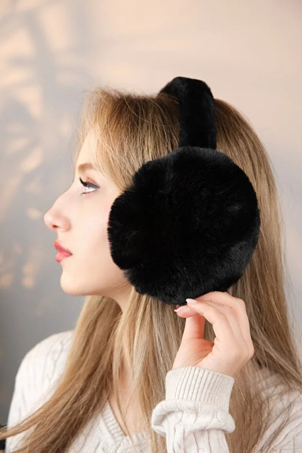 Soft Black Plush Foldable Earmuffs – Cold Weather Protective Ear Warmers