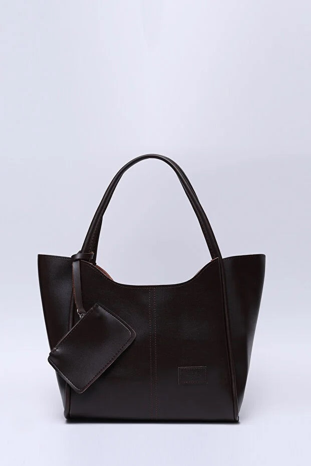 Brown SHK108 faux leather women hand and shoulder bag with wallet and makeup bag