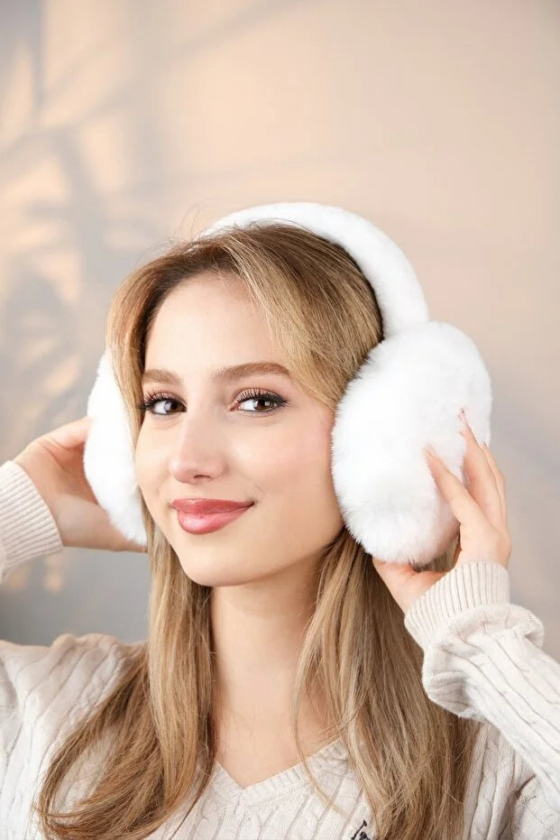 Soft White Plush Foldable Earmuffs – Cold Weather Protective Ear Warmers