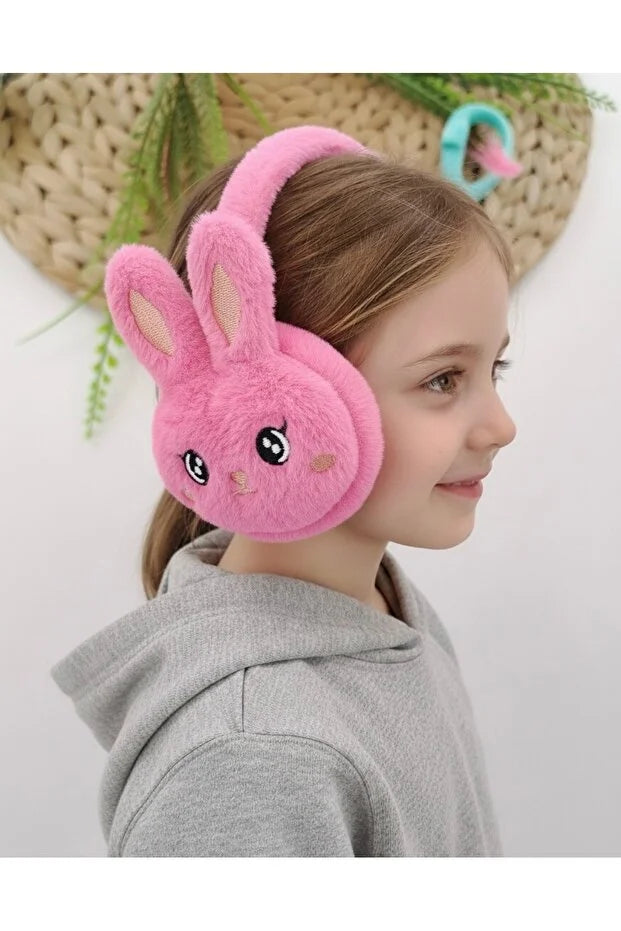 Girls Candy Pink Plush Winter Earmuffs – Fluffy Bunny Ear Warmers for Kids