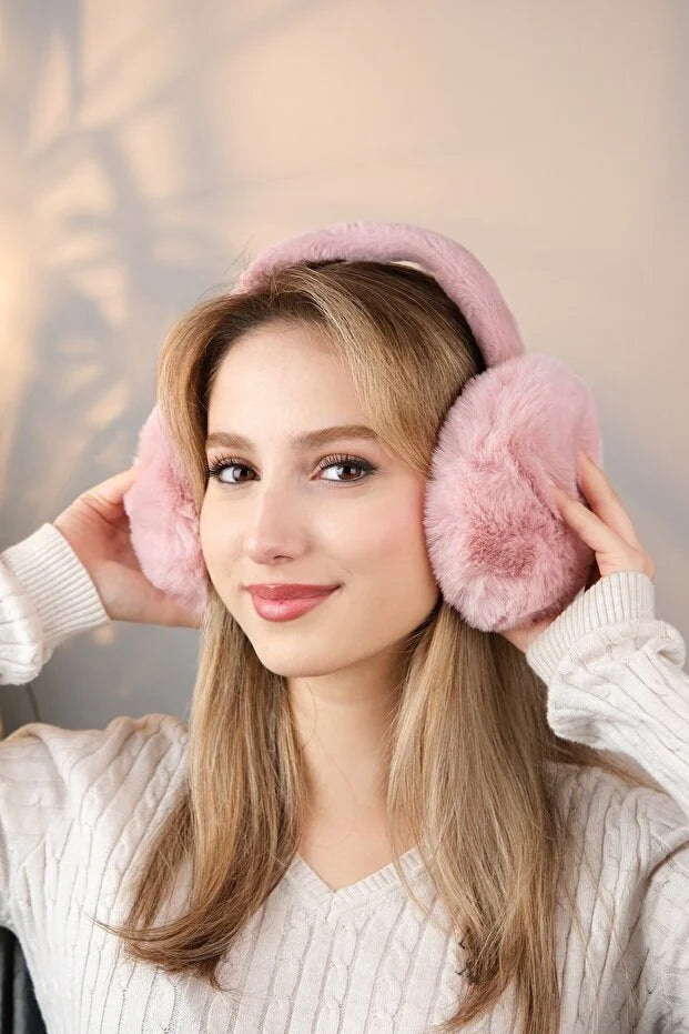Soft Pink Plush Foldable Earmuffs – Cold Weather Protective Ear Warmers