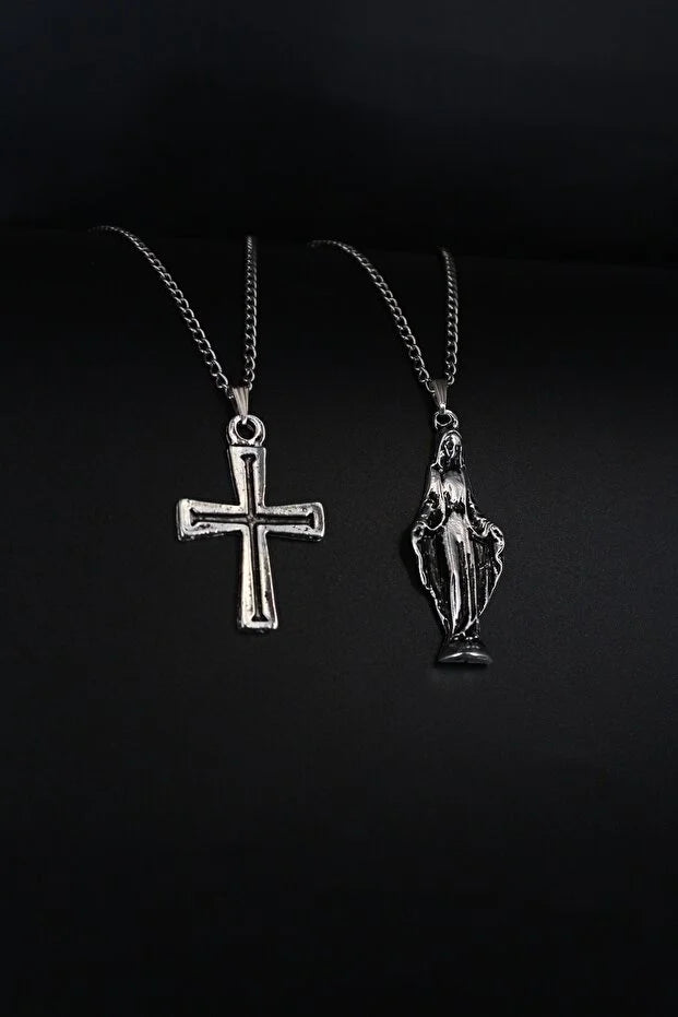 2 Piece Cross and Virgin Mary Necklace Set Men Religious Style Jewelry