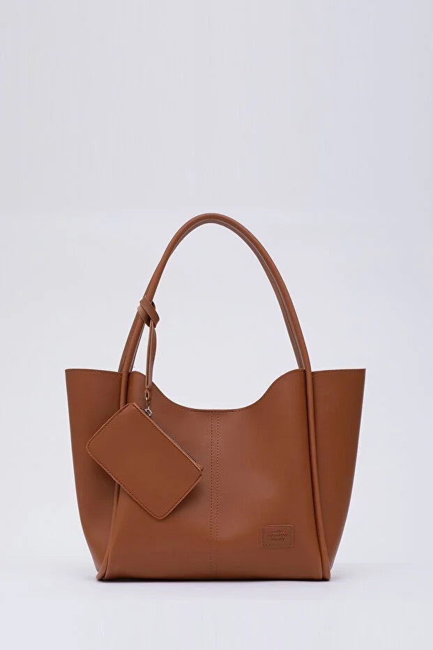 Tan SHK108 faux leather women hand and shoulder bag with wallet and makeup bag