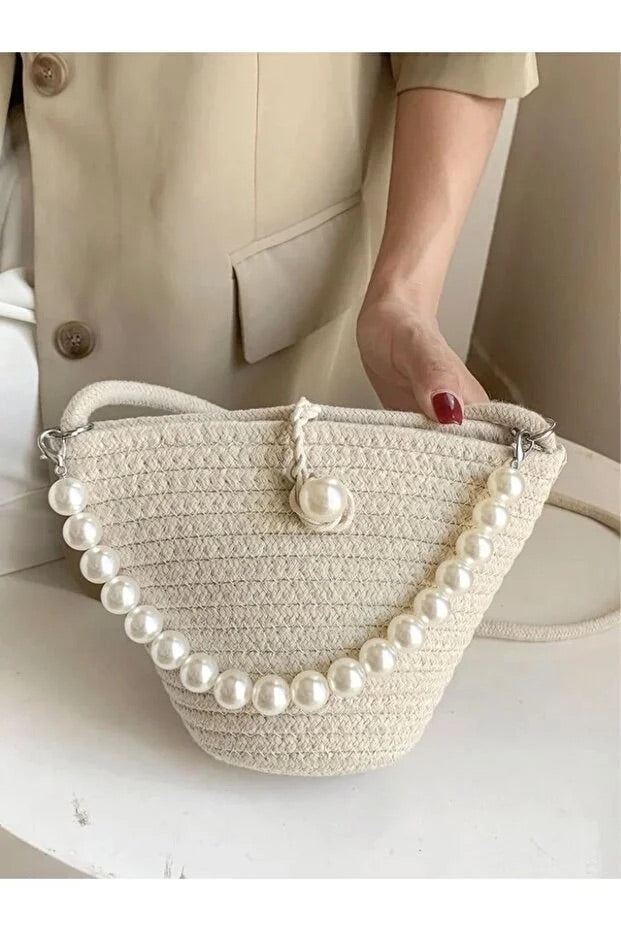 Women off white shoulder bag with pearl design elegant baguette handbag
