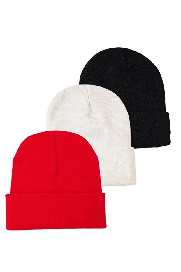 Unisex Foldable Beanie Hat Set – Black White & Red (3-Pack)