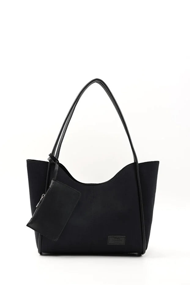 Black suede SHK108 women hand and shoulder bag with wallet and makeup bag