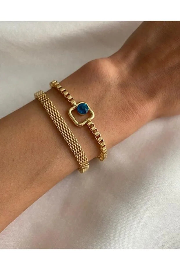 Blue Sparkle Bracelet Set Adjustable Two Piece Layered Minimalist Elegant Fashion Jewelry Gift for Her