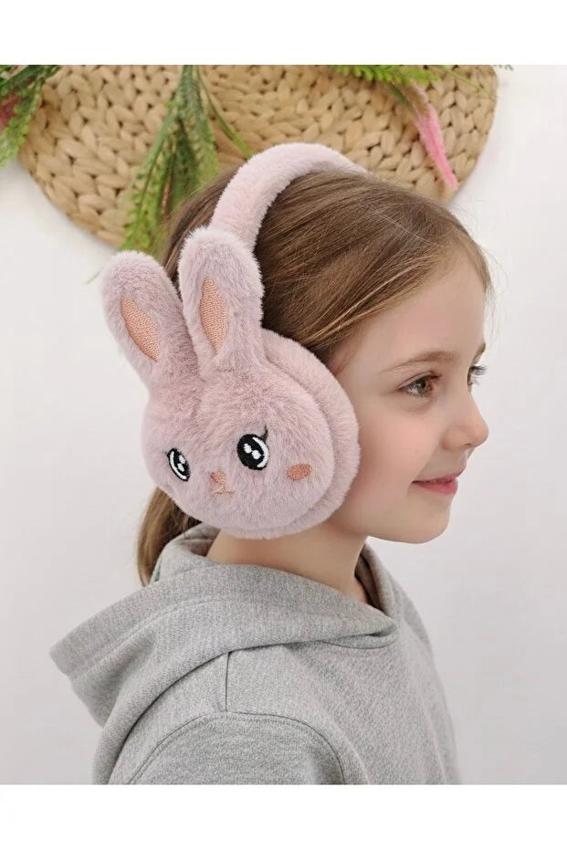 Girls Dusty Rose Plush Winter Earmuffs – Fluffy Bunny Ear Warmers for Kids