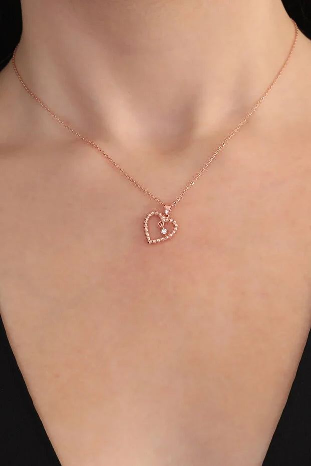 925 Sterling Silver Rose Gold Plated Heart Solitaire Necklace with White Zircon Stone