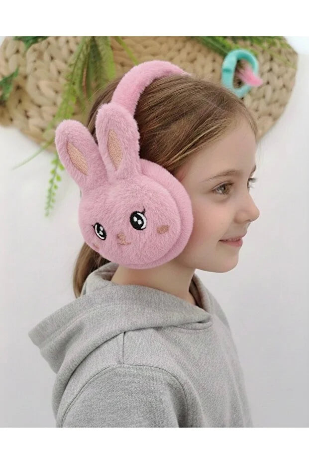 Girls Light Pink Plush Winter Earmuffs – Fluffy Bunny Ear Warmers for Kids