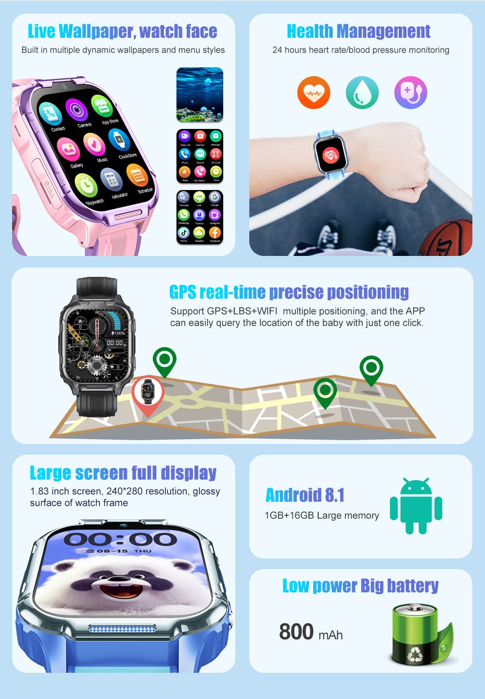 D55 Kids Smartwatch Android with GPS Tracker SIM Card Child Smart Watch for Calling Location Tracking Safety Monitoring