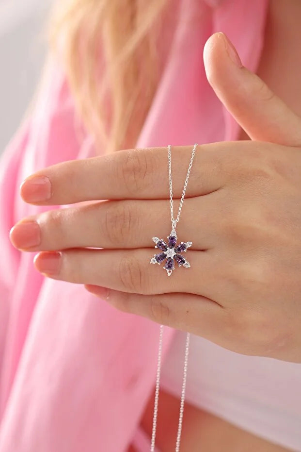 925 Sterling Silver Lotus Camellia Necklace with Amethyst Teardrop Stone