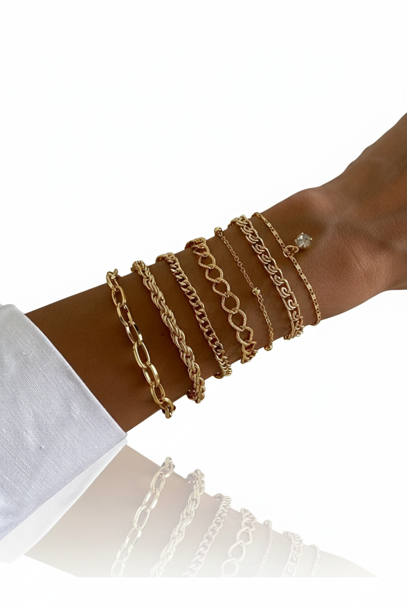 Crystal Stone Bracelet Set Seven Piece Layered Adjustable Elegant Fashion Jewelry Gift for Her