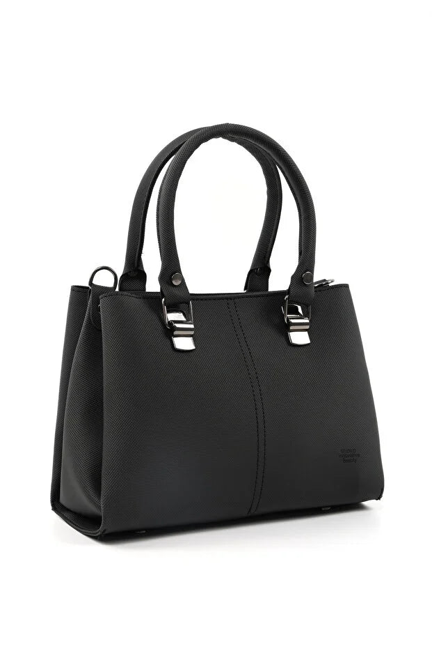 Black Faux Leather Zippered Handbag with 3 Compartments Adjustable Strap Hand Arm and Shoulder Bag