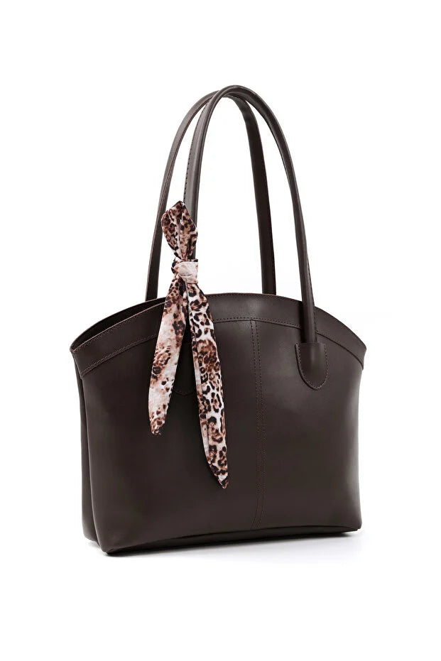 Faux Leather Zippered Shoulder Bag Single Compartment Handbag with Scarf Gift Womens Hand Shoulder Crossbody Bag Brown