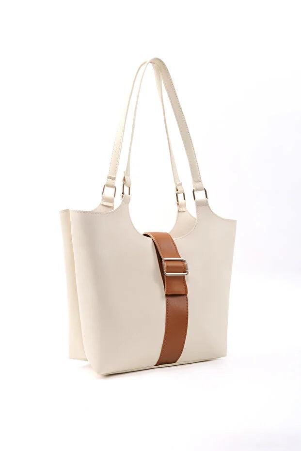 Brown Faux Leather Snap Closure Crossbody Hand Bag Single Compartment Shoulder Arm and Handbag White