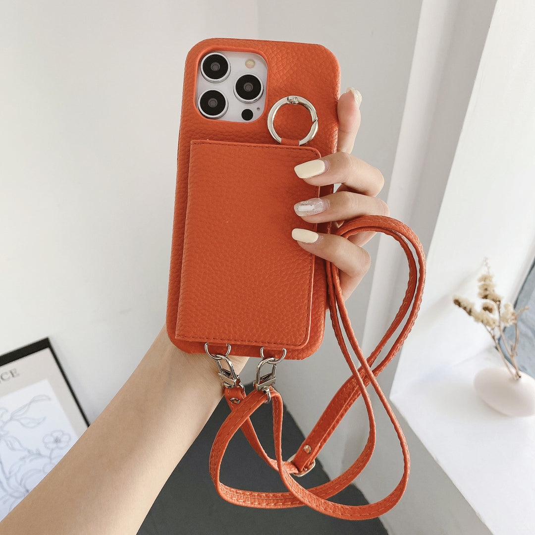 Leather Phone Case with Lychee Pattern and Open Beauty Mirror Feature
