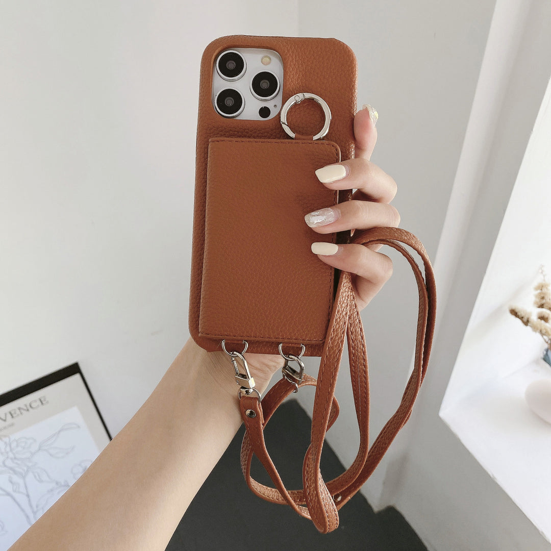 Leather Phone Case with Lychee Pattern and Open Beauty Mirror Feature
