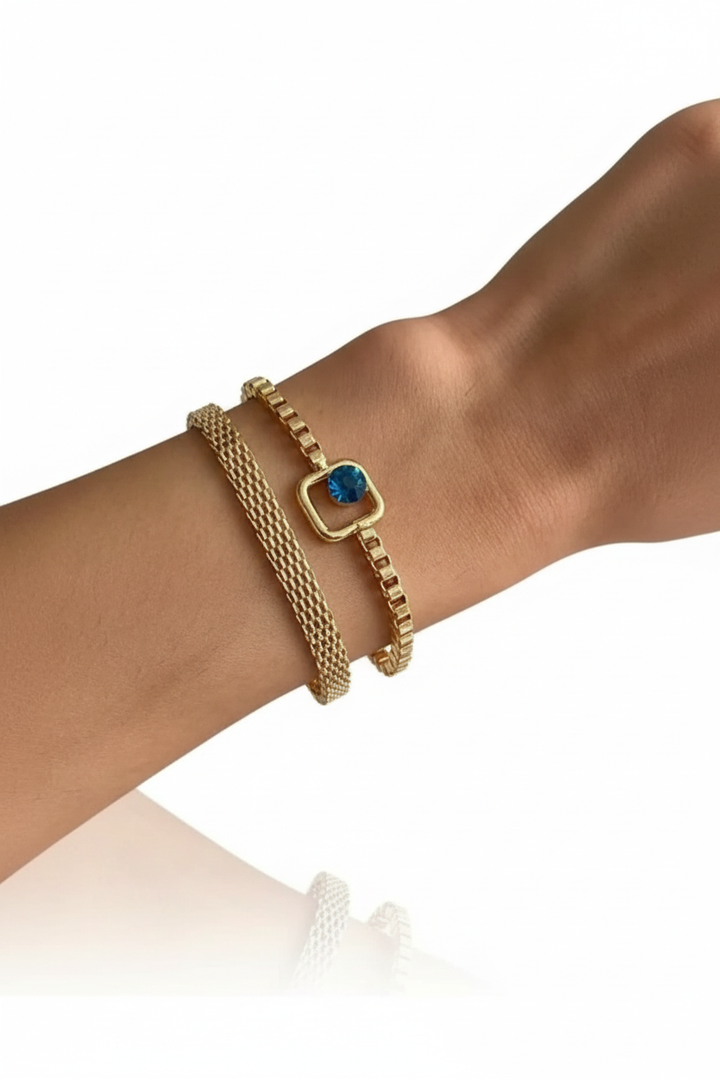 Blue Sparkle Bracelet Set Adjustable Two Piece Layered Minimalist Elegant Fashion Jewelry Gift for Her