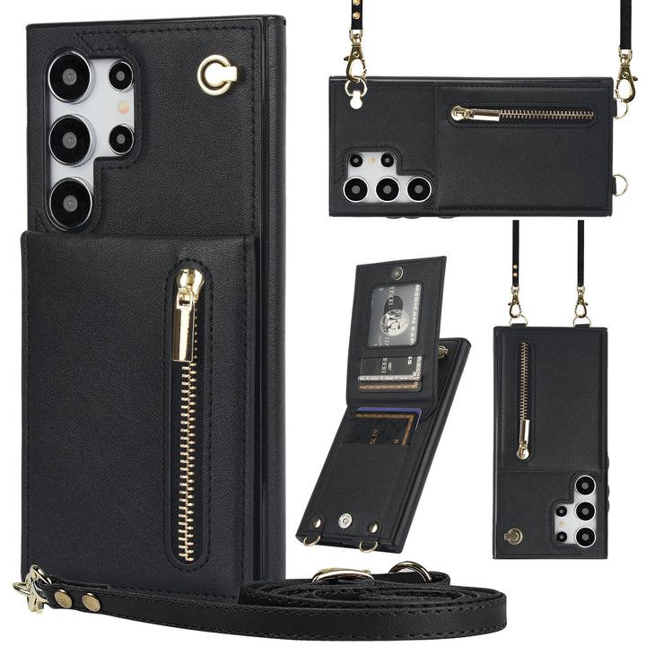 Lädertelefonfodral med kort crossbody-zip för Samsung-telefoner