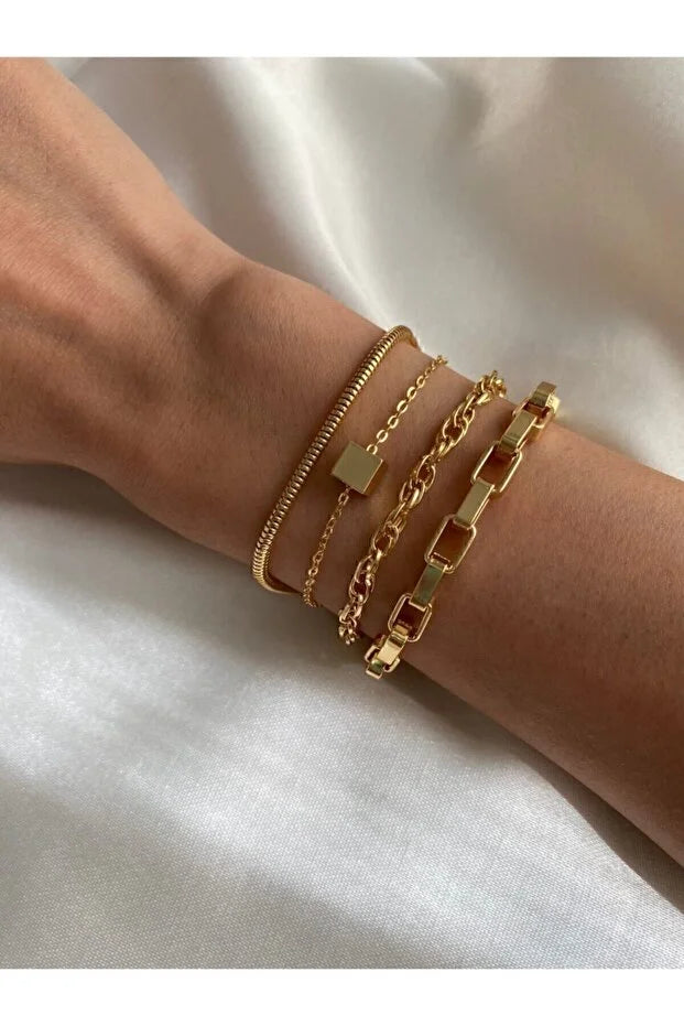 Cube Layered Bracelet Set Adjustable Four Piece Stackable Modern Minimalist Fashion Jewelry Gift for Her