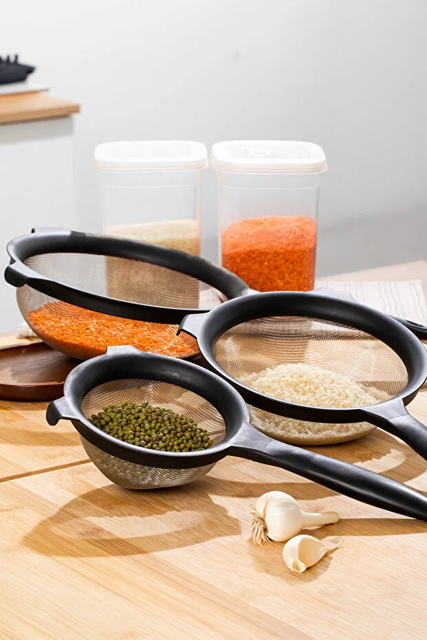 3-Piece Clip On Pot Strainer Set Stainless Steel Mesh Sieves 14-18-22cm Flour Sifter Pasta Rice Colander