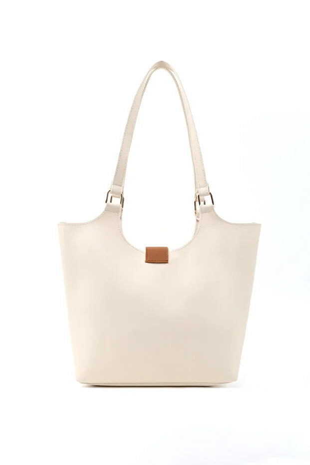 Brown Faux Leather Snap Closure Crossbody Hand Bag Single Compartment Shoulder Arm and Handbag White