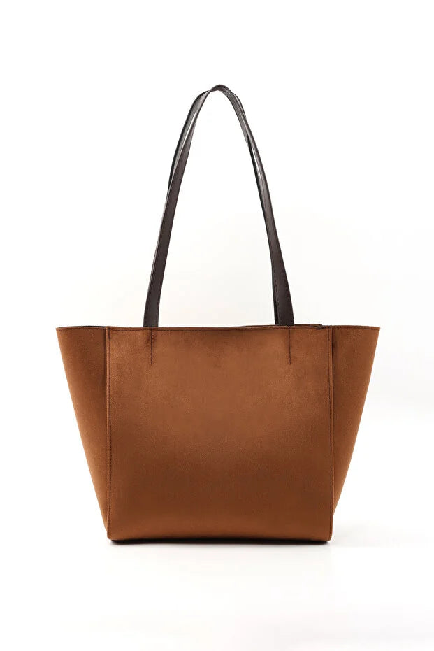 Large Faux Leather Zip Closure Tote Bag with Front Pocket Hand Arm and Shoulder Bag Brown