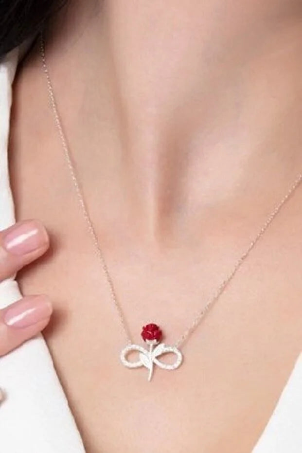 925 Sterling Silver Red Rose Infinity Necklace with White Stone