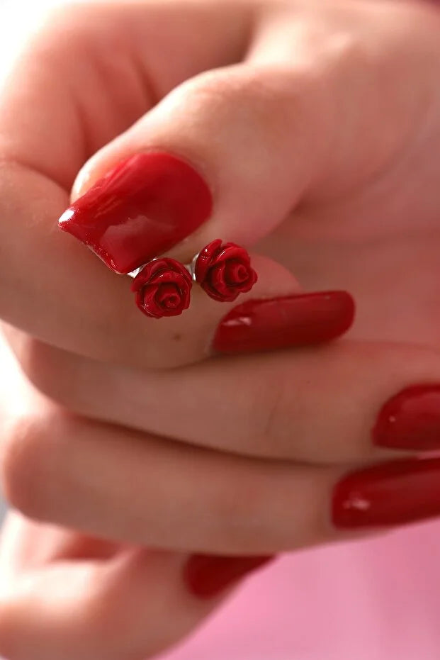 925 Sterling Silver Gold Plated Red Rose Earrings for Women