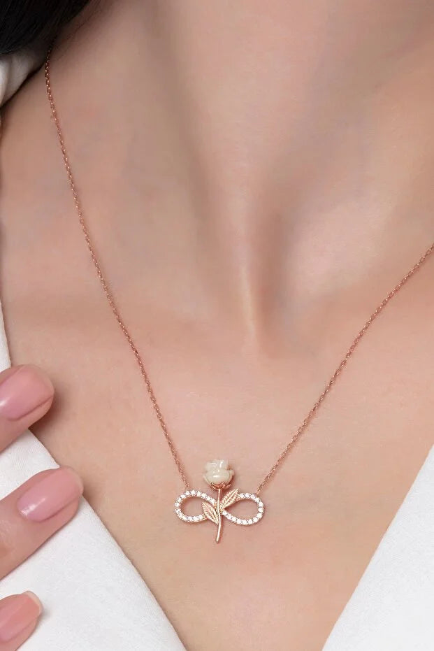 925 Sterling Silver Rose Gold Plated White Rose Infinity Necklace with Zircon Stone