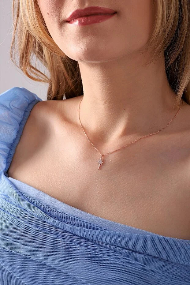925 Sterling Silver North Star Necklace with Zircon Stones Rose Gold Plated