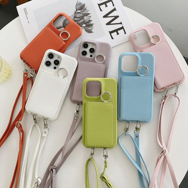 Leather Phone Case with Lychee Pattern and Open Beauty Mirror Feature