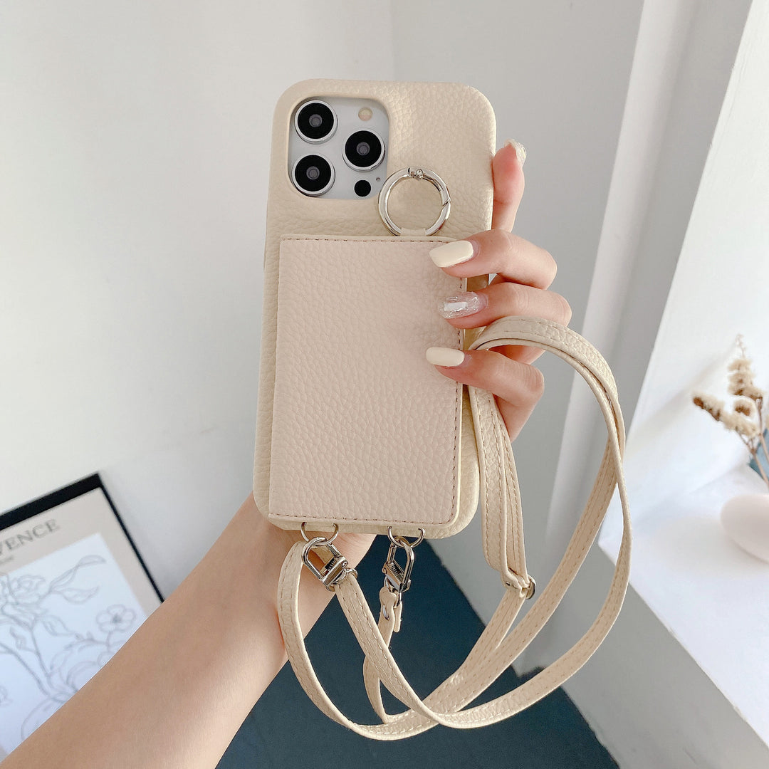 Leather Phone Case with Lychee Pattern and Open Beauty Mirror Feature