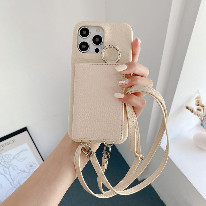 Leather Phone Case with Lychee Pattern and Open Beauty Mirror Feature