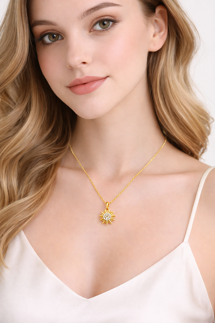925 Sterling Silver Sun Necklace with White Stone – Elegant Celestial Pendant – Minimal Silver Gift for Her