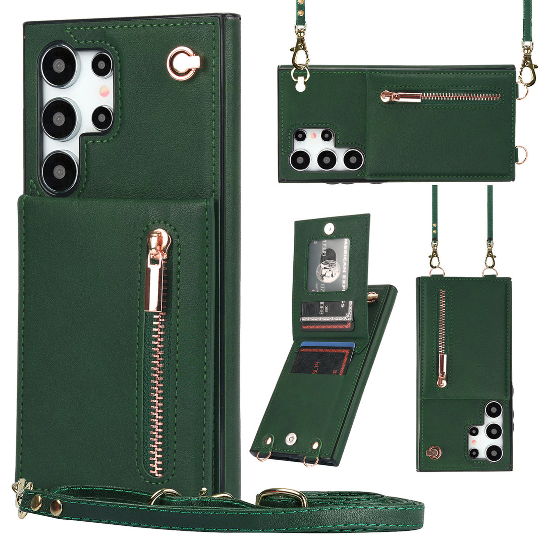 Lädertelefonfodral med kort crossbody-zip för Samsung-telefoner