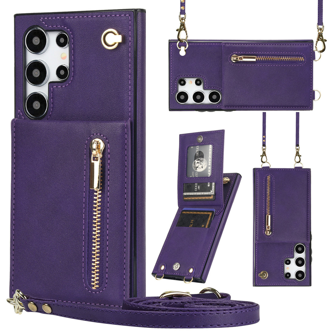 Lädertelefonfodral med kort crossbody-zip för Samsung-telefoner