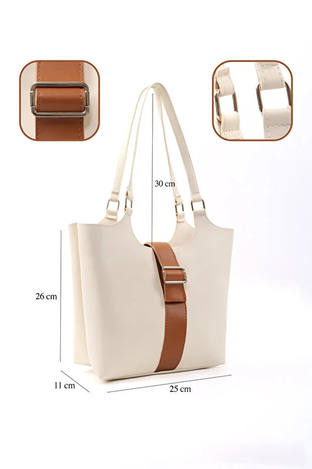 Brown Faux Leather Snap Closure Crossbody Hand Bag Single Compartment Shoulder Arm and Handbag White