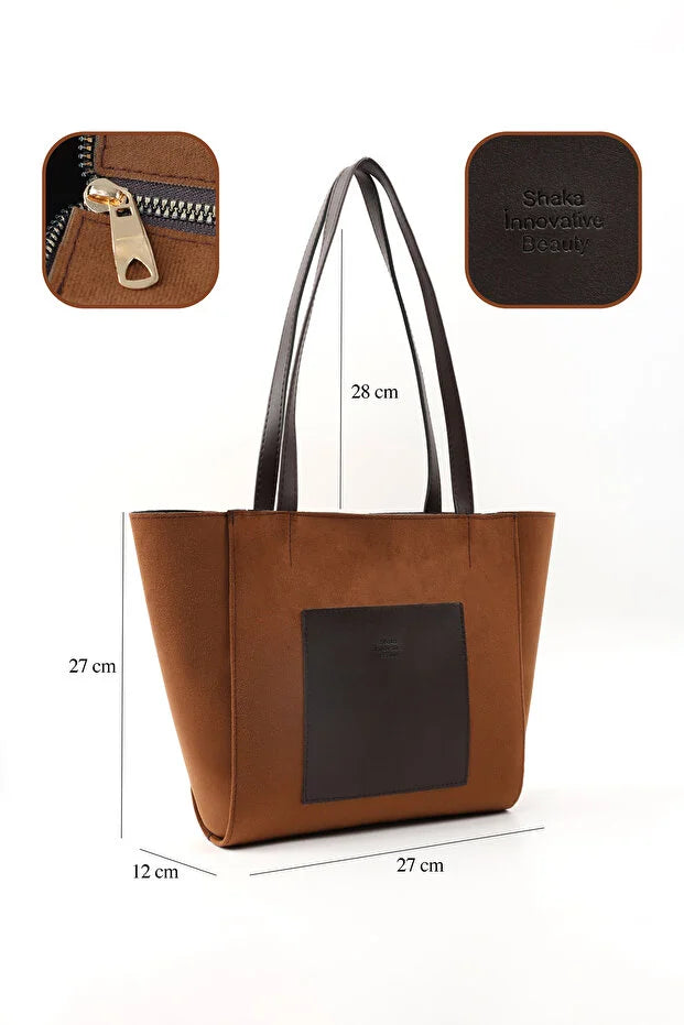 Large Faux Leather Zip Closure Tote Bag with Front Pocket Hand Arm and Shoulder Bag Brown