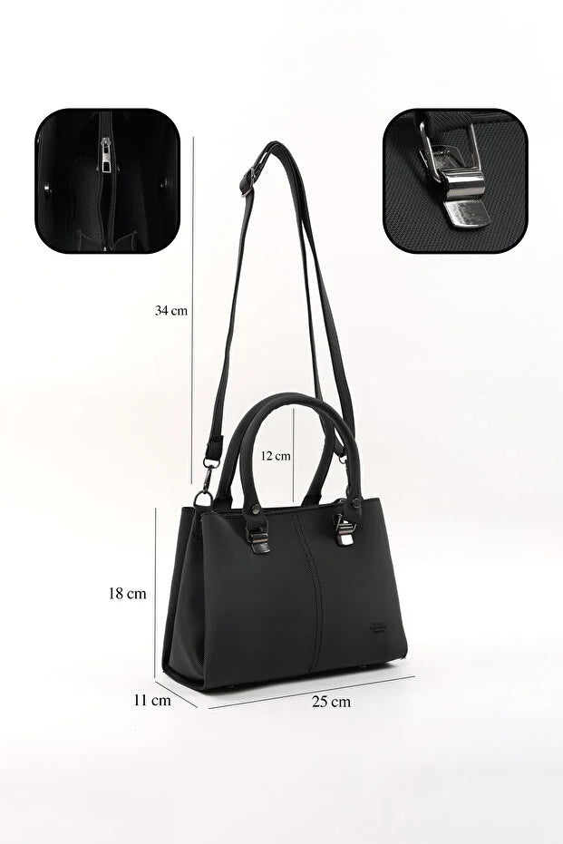 Black Faux Leather Zippered Handbag with 3 Compartments Adjustable Strap Hand Arm and Shoulder Bag