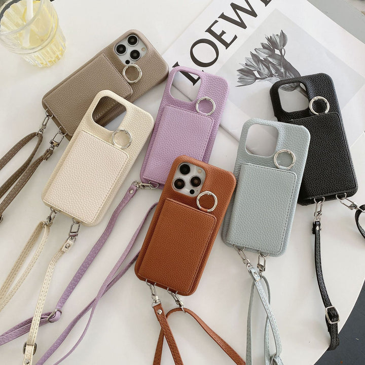 Leather Phone Case with Lychee Pattern and Open Beauty Mirror Feature