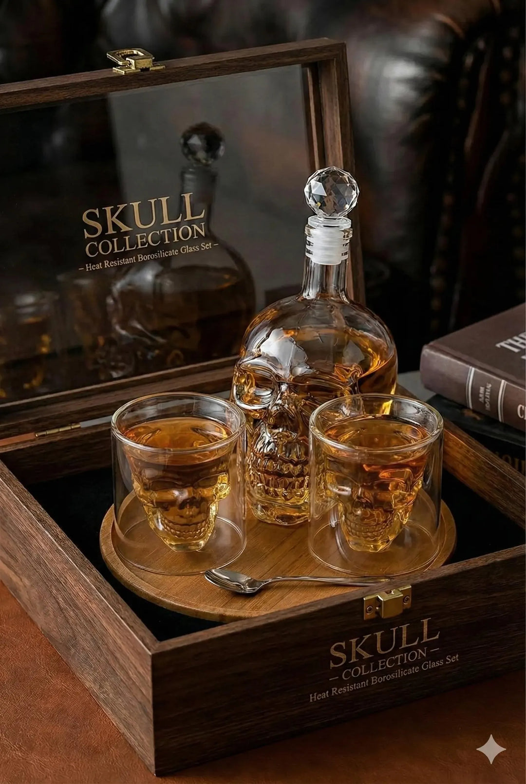 Skull Whiskey Decanter Set – 350ml Crystal Skull Decanter with 2 Double-Wall Glasses | Gothic Barware Gift Set