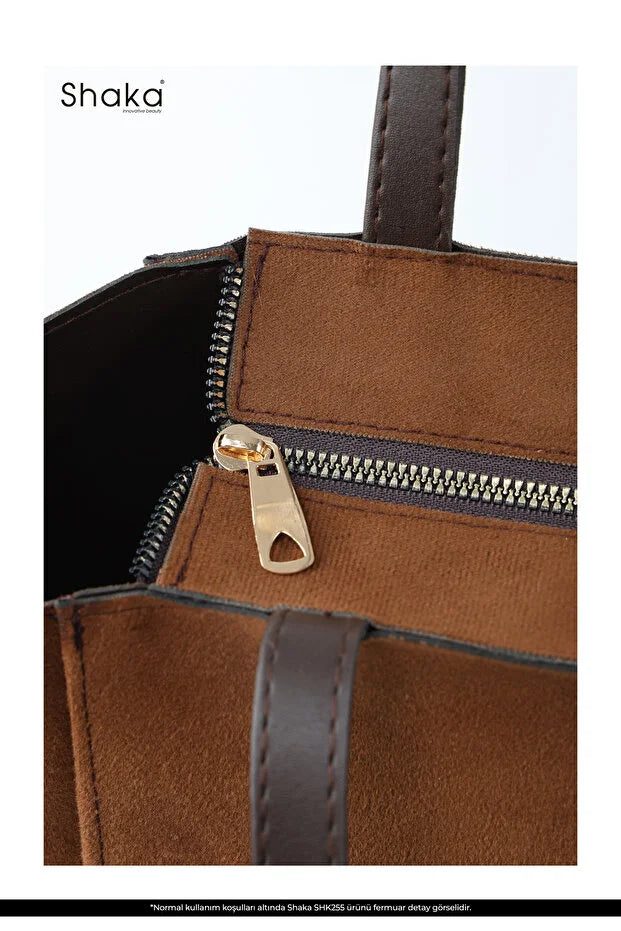 Large Faux Leather Zip Closure Tote Bag with Front Pocket Hand Arm and Shoulder Bag Brown