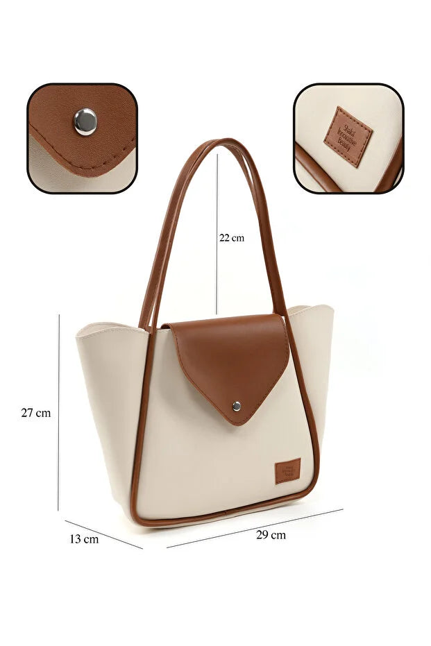 Large Faux Leather Snap Closure Tote Bag Single Compartment Hand Arm and Shoulder Bag