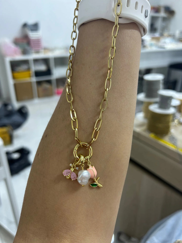 Stainless Steel Lock Removable Charm Tulip Necklace