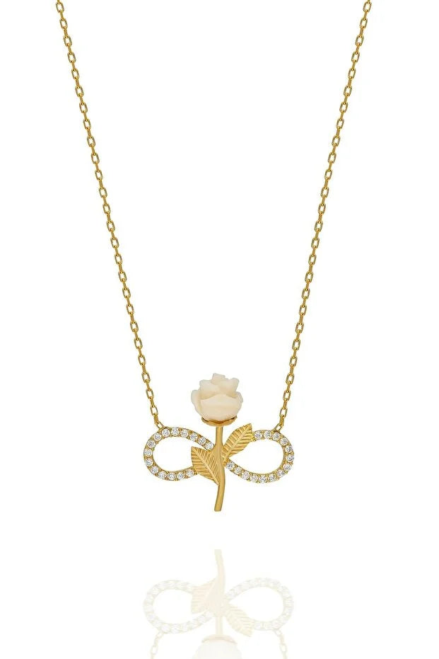 925 Sterling Silver Gold Plated White Rose Infinity Necklace with Zircon Stone