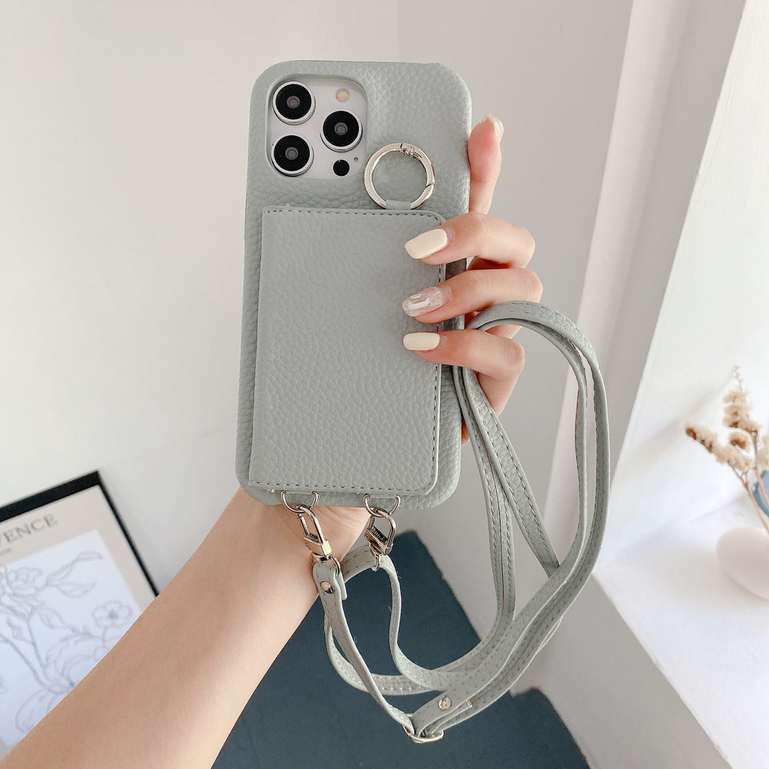 Leather Phone Case with Lychee Pattern and Open Beauty Mirror Feature