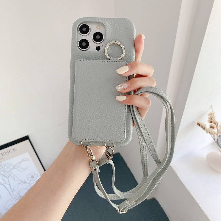 Leather Phone Case with Lychee Pattern and Open Beauty Mirror Feature