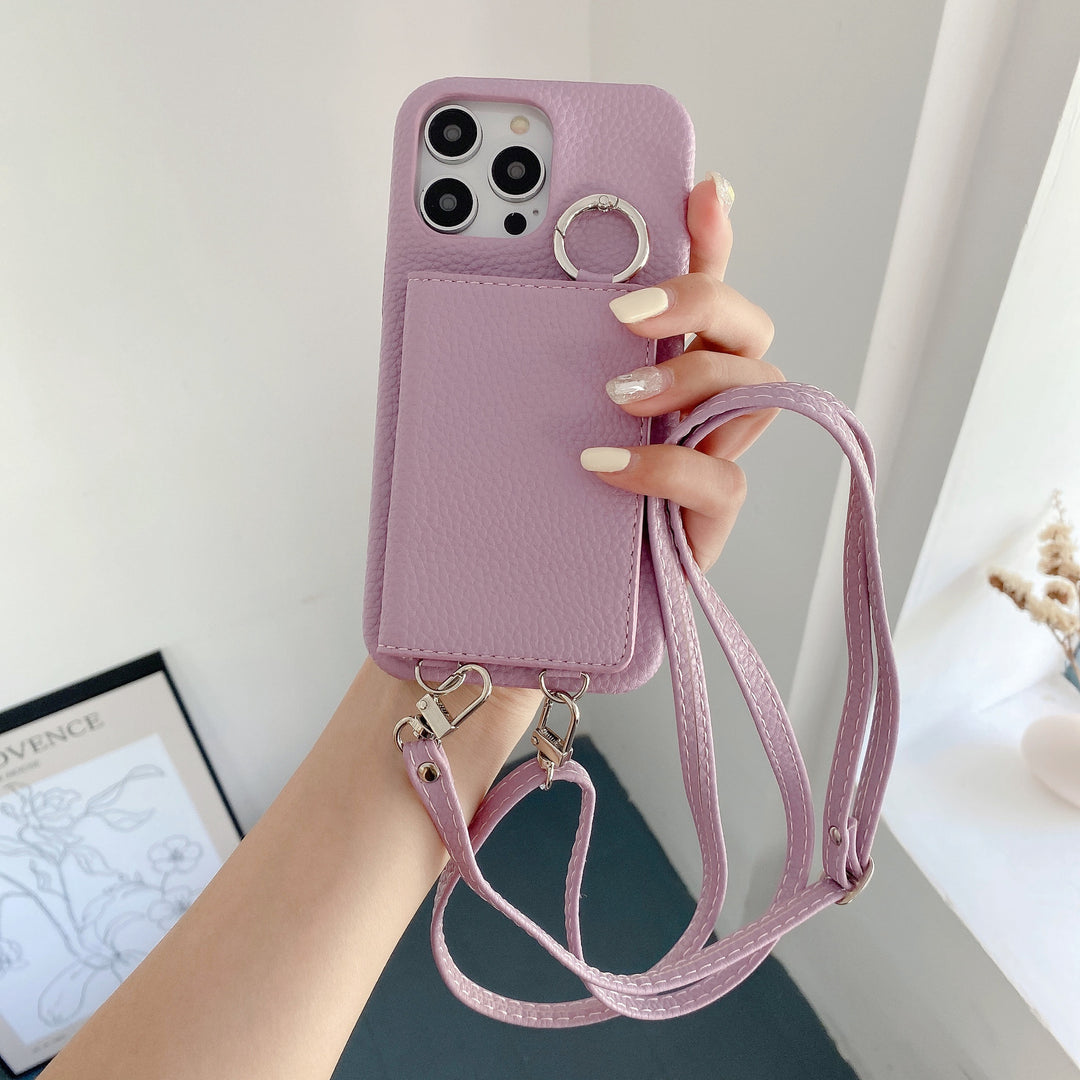 Leather Phone Case with Lychee Pattern and Open Beauty Mirror Feature